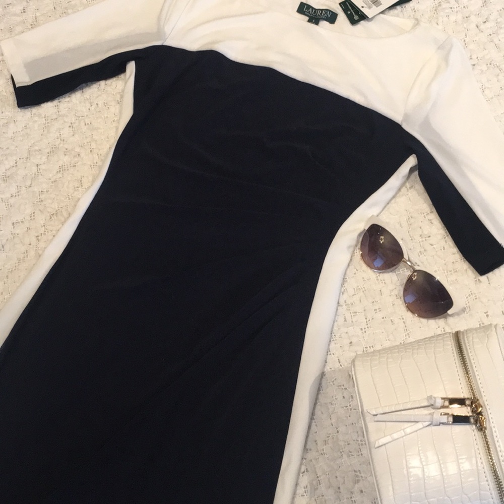 NWT Ralph Lauren Navy & White Body Con Lined w/Stretch Dress - Picture 8 of 15